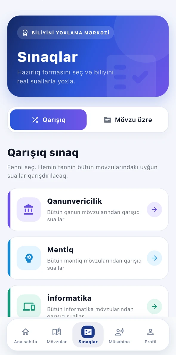 DQ Academy mobil tətbiqində sınaqlar ekranı