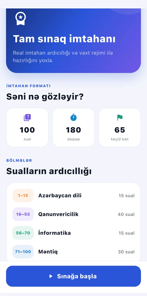 Mobil tətbiqdə tam sınaq imtahanının məlumat səhifəsi