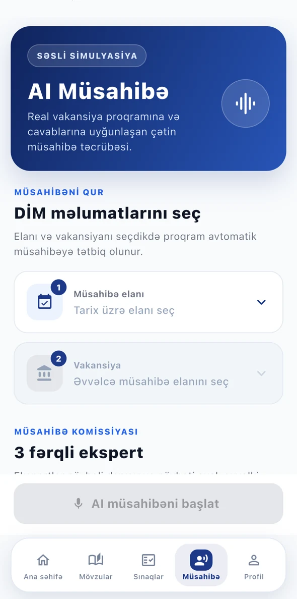 DQ Academy mobil tətbiqində AI müsahibə seçimi
