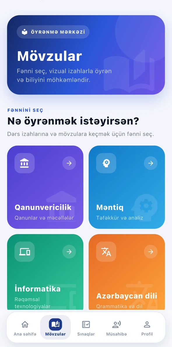 DQ Academy tətbiqində mövzular ekranı